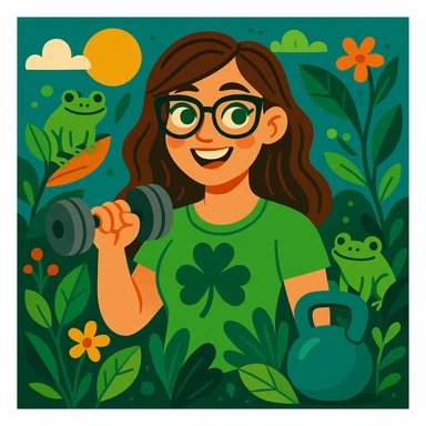 Irish woman with green eyes, brown hair, and glasses, surrounded by nature, frogs, plants, and weight training elements, vibrant illustration style sticker
