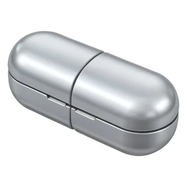capsule pill emoji, metallic silver halves, smooth glossy finish, futuristic pharmaceutical 3D icon, isolated on white sticker