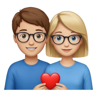 two young lovers, a red heart in the middle, boy with brown hair and glasses, girl blonde with blue eyes without glasses, emoji style sticker