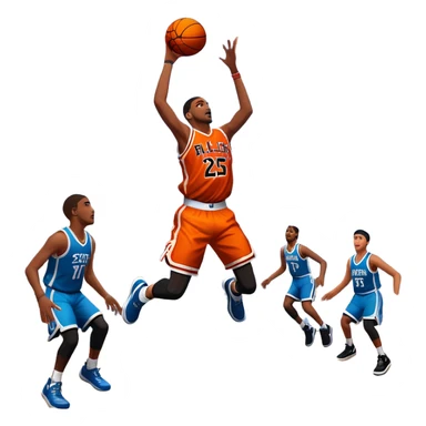 An icon featuring a basketball court with players in action, inspired by NBA 2K25. A player jumps for a dunk, with the ball mid-air. Bright lights illuminate the court, symbolizing the excitement of sports simulation games. Transparent background emphasizes the energy. sticker