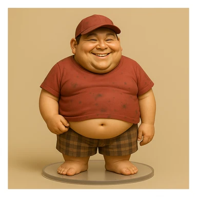 Сгенерируй в таком же стиле, на такой же подставке, толстяка в красной футболке немного грязной, кепке, клетчатых шортах. Из под футболки виднеется пузо sticker