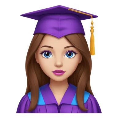 girl with beautiful long brown hair, blue eyes, long lashes makeup, sexy pink lips, wearing a purple graduation cap and gown sticker