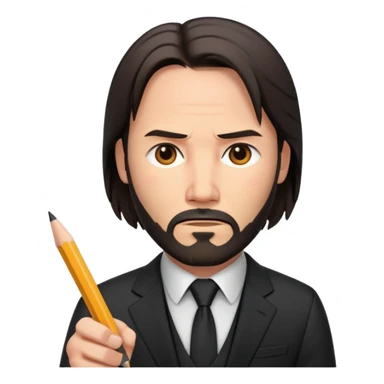 john wick as an apple-style emoji, with a pencil, black suit, beard, determined expression sticker