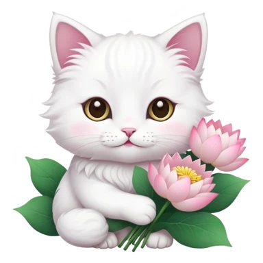 White cat holding a bouquet of lotus flowers sticker