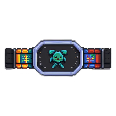A pixel art championship belt with coding symbols for hackathon winner sticker