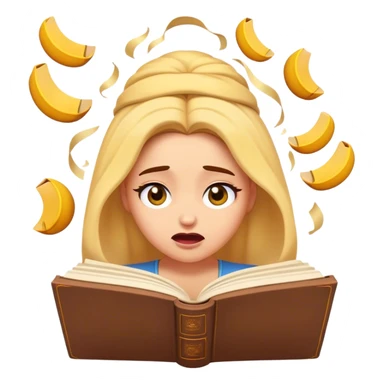 Cinematic Funny Belle Portrait Emoji, Looking exasperated as a book lands on her head, one eye twitching, caught in a hilariously relatable moment of book-lover clumsiness! sticker