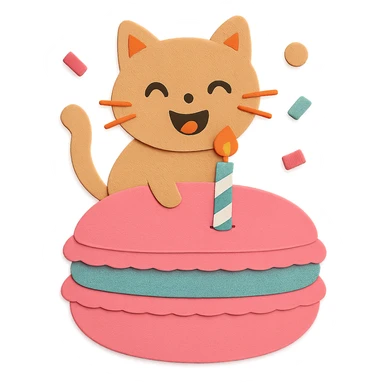 Change the cat to have a laughing face, place 1 candle in the middle of the macaron, and add 3 confetti around it. Keep all other design elements unchanged, paper-craft style sticker