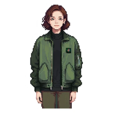 dark olive green jacket over a lighter green top sticker