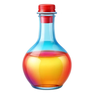 A 3D Apple-style beverage bottle emoji, transparent glass filled with colorful liquid (like soda or juice), shiny surface with light reflections, simple round body with a narrow neck and cap, clean minimal background. sticker