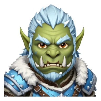 Fantasy Christmas orc portrait icon, frost clan warrior style, winter fur armor, icy details, strong brutal face, snowy battlefield mood, clean emoji style, male/female variant sticker