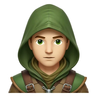 Clash of Clans aesthetic friendly Ranger Portrait Emoji, With a lean, agile build clad in earth-toned leather and green accents, a keen, focused gaze and a weathered hood shadowing determined eyes, his face rendered in a natural skin tone (not yellow), Simplified yet sharply defined features, highly detailed, glowing with a soft, natural woodland radiance, high shine, intelligent and resolute, stylized with an air of forest guardian authority, focused and alert, soft glowing outline, capturing the essence of a confident ranger ready to defend the wild with stealth and valor! sticker