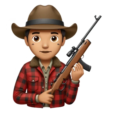 Man wearing buffalo plaid jacket with plaid hat, holding rifle sticker