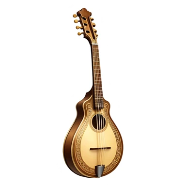 Bouzouki – Cinematic Realistic Bouzouki, depicted as a beautifully crafted Greek string instrument with a long neck and ornate fretwork, its polished wooden body reflecting warm golden light, set on a rustic background with soft shadows that evoke traditional Mediterranean music. sticker