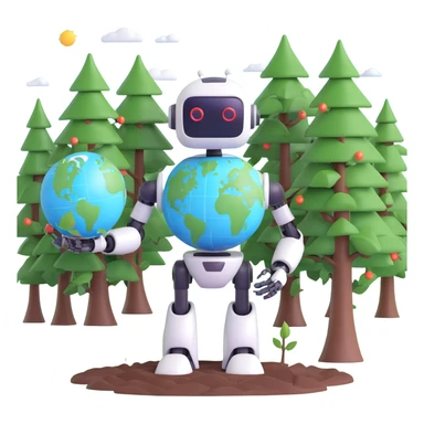 emoji showing a robot holding a globe with trees and solar panels symbolizing AI and natural resources sticker