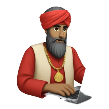 A caliph with turban and red clothes writing in a laptop sticker