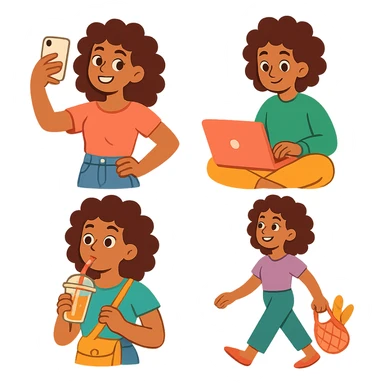 brown woman with curly hair, it girl, daily activities sticker