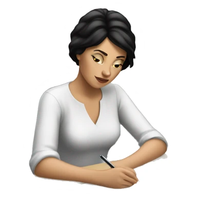 white woman with short black hair writing  a notebook on a desk sticker