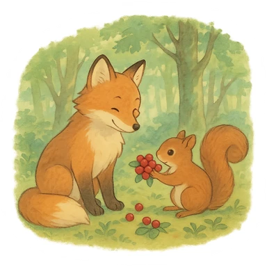 fox and squirrel sharing berries, forest friendship scene, soft pastel colors, ghibli style sticker