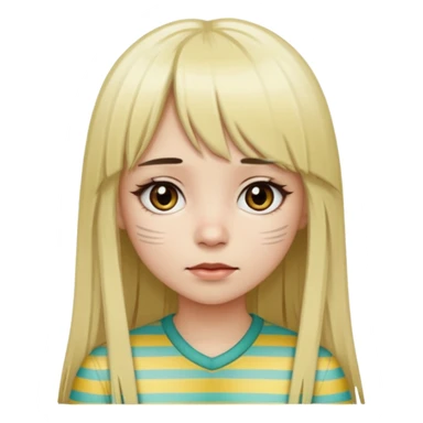 Girl with long straight dark brown hair and blonde striped streaks, with bangs. Light skin and dark eyes. Turn her into a cute zombie version — pale greenish skin, dark eyes, small wounds under eyes, keep her hair and mechas the same, emoji-style. sticker