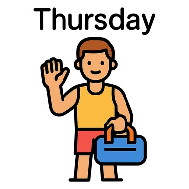 a sportsman holding his gymbag waving his hand goodbye. The word Thursday is above the sportsman sticker