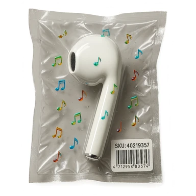 single white EarPod with scattered tiny rainbow glass music notes, glossy sticker