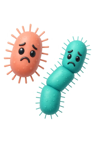 emoji stile iphone di batteri intestinali rosa salmone e turchesi con espressione triste che fluttuano in aria, iperrealistico 4k, isolato su sfondo bianco sticker