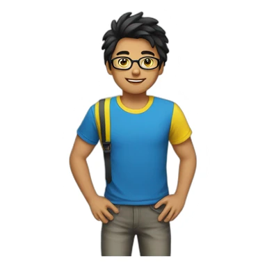 Boy with blue and yellow t-shirt and glasses and black hair sticker