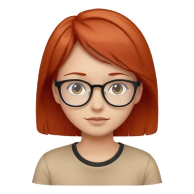 girl short-layer-red-hair wear beige T-shirt, wear glasses sticker