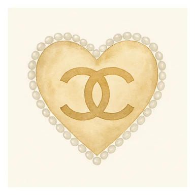 Chanel heart with interlocking C's, metallic gold, pearl border, elegant, watercolor art style sticker