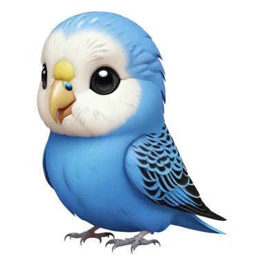 cinematic-cute-blue-budgie-portrait-emoji,-head-tilted-playfully-and-inquisitively,-featuring-a-brilliant-blue-feathered-fur-and white and black feathered face-with-a-natural-sheen,-round,-sparkling-dark-eyes-filled-with-curiosity,-simplified-yet-irresistibly-adorable sticker