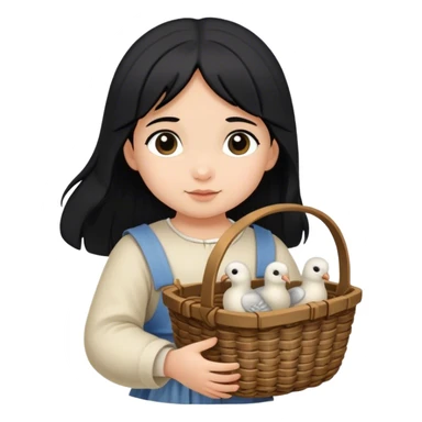toddler girl with black hair carrying wicker basket with turtledoves, medieval age sticker