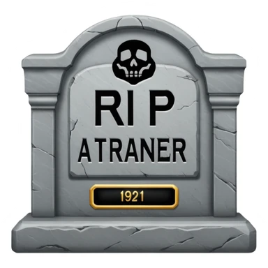 RIP tombstone with label "RIP Auto Trainer" sticker