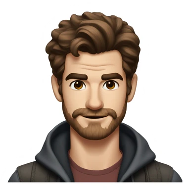 Andrew Garfield but with dark brown and black hair, some stubble on the beard, and a narrower face sticker