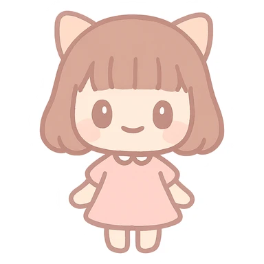 asian girl with cat ears, brown hair with blunt bangs, pink dress, very busty, cute and appealing style sticker