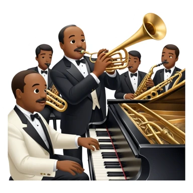 Icon for Jazz Music: Count Basie Orchestra, with Count Basie at the piano surrounded by jazz musicians playing instruments like saxophones, trumpets, and drums. Floating musical notes should capture the energetic and smooth vibe of big band jazz. Transparent background. sticker