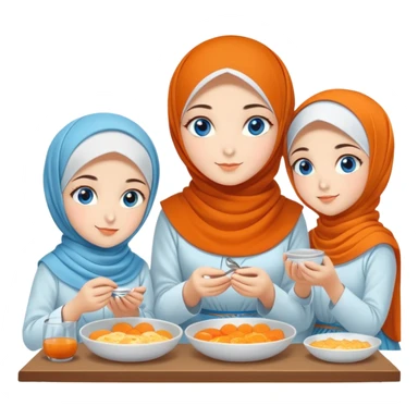 Four sister Turkish girls beautiful finish Konya blue eyes with orange blossom hijab and Islamic dress and make Breakfast sticker