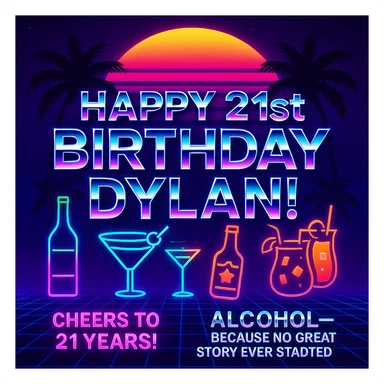 Completely change the style to vaporwave: neon colors, retro 80s grid, palm trees, synthwave sunset, chrome text, and keep the funny drink quote. Make it look digital and bold. sticker