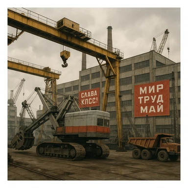 Soviet heavy equipment plant, large machinery, cranes, concrete buildings, red banners, industrial landscape sticker
