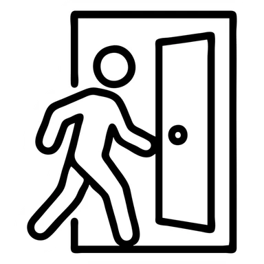 minimalistic icon of a white human figure walking through an open outlined door, viewed from the front, door with visible doorknob, solid green background, flat simple clean lines, high contrast sticker