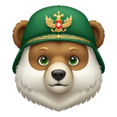 Cute brown bear head with green eyes, wearing white fluffy ushanka with precise Russian coat of arms showing golden double-headed eagle with all official details, iOS emoji style sticker