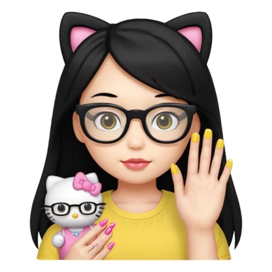 Nails cute with hello kitty wear glasses black long  hair wear, yellow shirt sticker