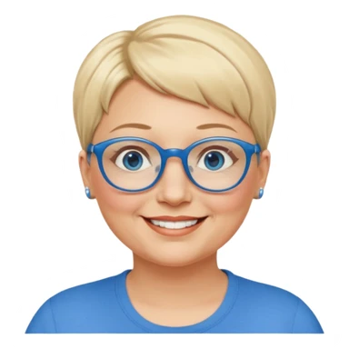 woman 50 years old, very short blonde hair, blue eyes and blue round glasses smile and overweight sticker