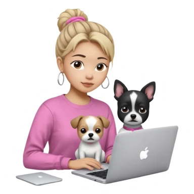Asian girl with messy bun hair, wearing a white t-shirt, working on an Apple laptop, next to her is a small black and white dog in pink sweater sticker