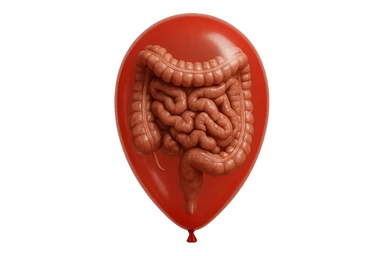 intestino umano anatomico chiuso in un palloncino rosso, iperrealistico 4k sticker