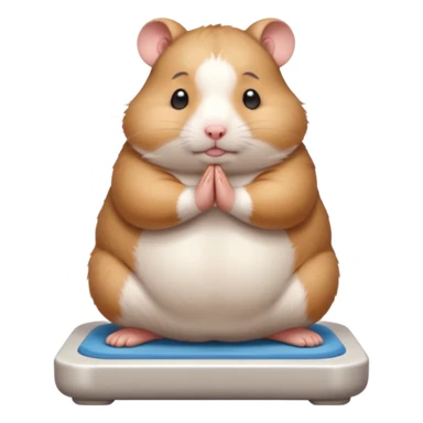 Cute chubby cartoon-style hamster standing on a bathroom scale, looking nervous with praying hands. Painterly shading, closed eyes, white background, sticker-style illustration sticker