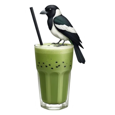  ONE Australien Magpie (just black and white feathers) sitting on an iced matcha latte on the edge of the glass. magpie has green matcha on its beak. matxha latte is in a see through glass and white from the oat milk on the bottom and green without seeds on top… one straw & ice cubes sticker