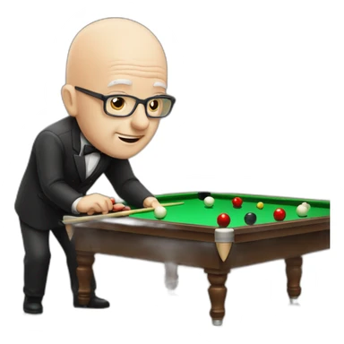A white bald Man playing snooker with a birthday cake sticker