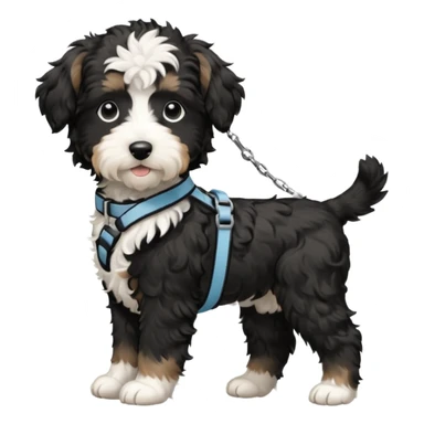 Black and white aussiedoodle puppy in side profile wearing harness and a leash sticker