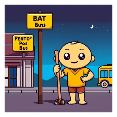 humanoid wooden club with big cartoon eyes and wide smile, barefoot, standing at a dark street bus stop under a dim streetlight, holding a bat, background sign 'Pentung Pos Ronda' sticker