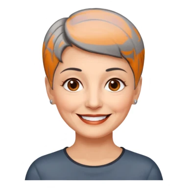 woman 60 years old, shaved short dark grey hair, brown eyes smile sticker
